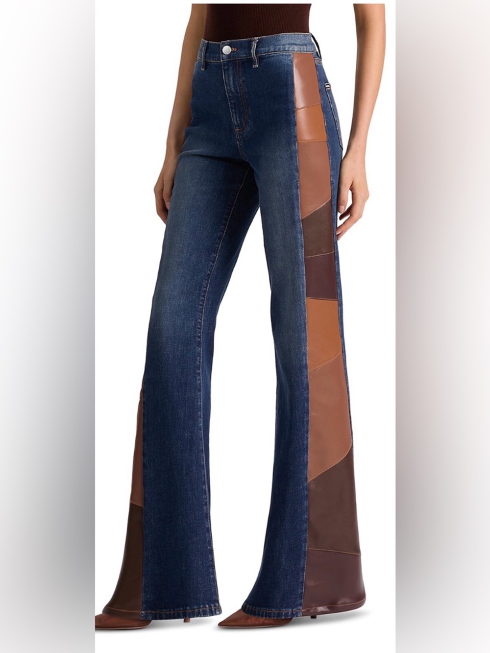 Alice + Olivia Dark Blue Denim Flare Jeans with Brown Patch Panels - Picture 4 of 9